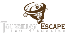 Logo Tourbillon Escape - Escape Game et Jeu d'Évasion Logo Tourbillon Escape Jeu d'évasion : tornade avec cadenas, clés et montres à gousset marron.