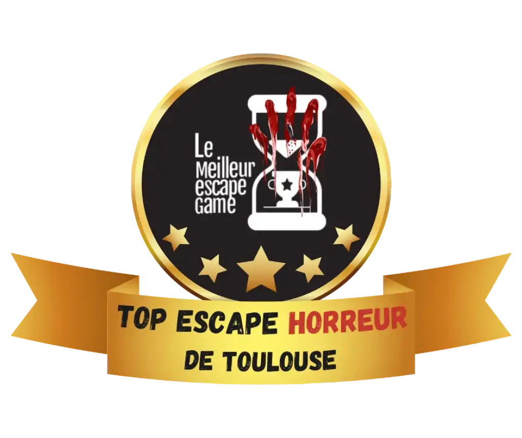 Top Escape Game Horreur Toulouse - Le Meilleur Escape Game Sceau doré Le Meilleur Escape Game, sablier sanglant et bandeau Top Escape Horreur de Toulouse.
