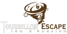 Logo Tourbillon Escape jeu d'évasion avec tornade, cadenas et montre à gousset.