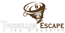 Tourbillon Escape - Jeu d'évasion et escape game unique Logo Tourbillon Escape jeu d'évasion avec tornade, cadenas et montre à gousset.