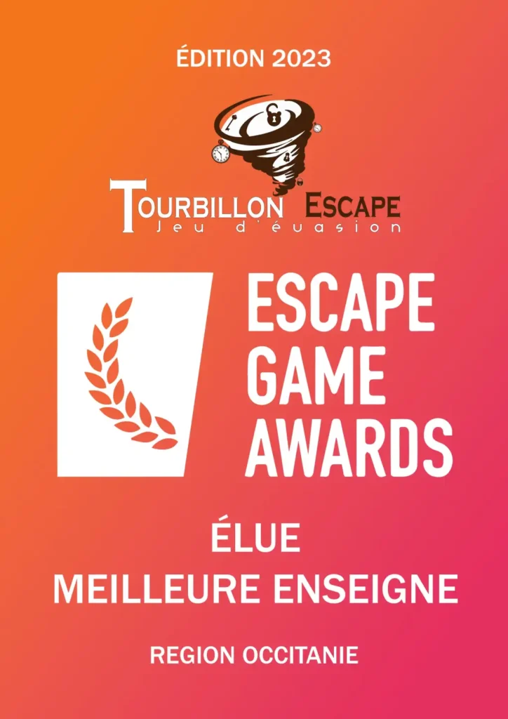 Meilleure Enseigne Escape Game 2023 - Tourbillon Escape Tourbillon Escape, Meilleure Enseigne Occitanie 2023. Logo tourbillon sur fond dégradé orange et rose.