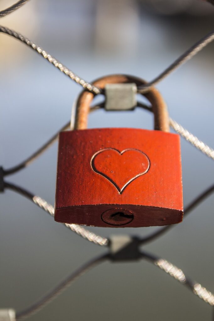 Cadenas rouge gravé d'un cœur fixé sur un grillage métallique.