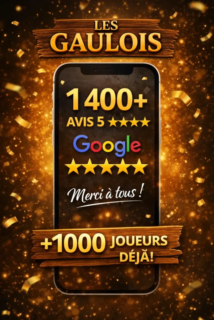 Jeu Les Gaulois : 1400+ avis 5 étoiles et 1000+ joueurs sur smartphone, décor festif doré.