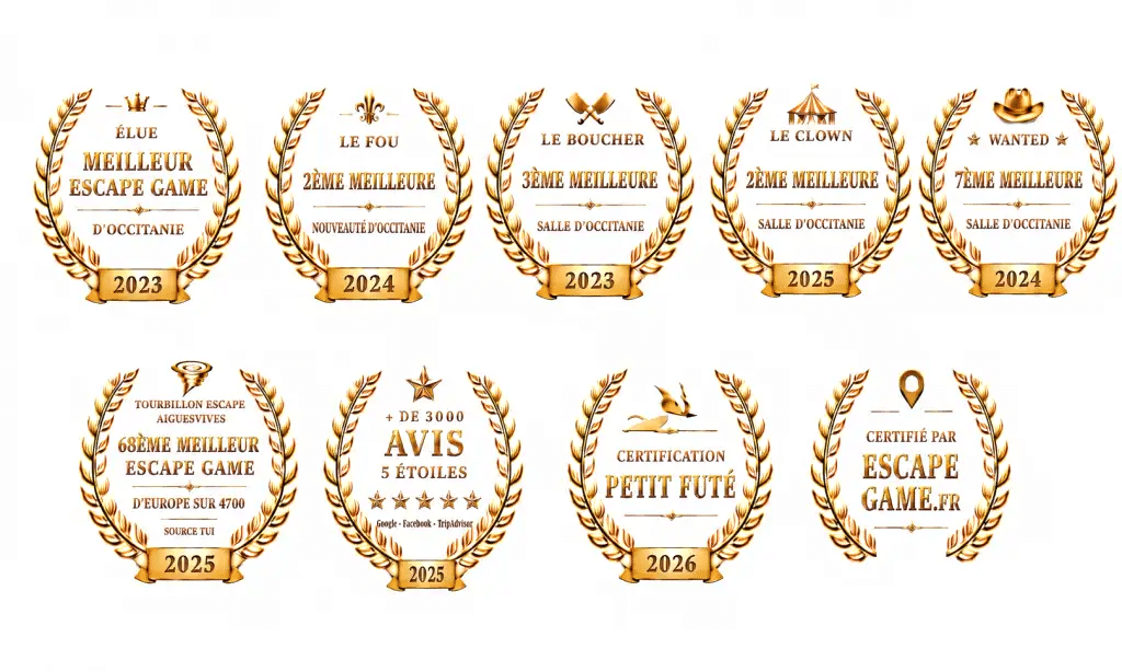 Récompenses Tourbillon Escape : Meilleur Escape Game Occitanie Récompenses dorées Tourbillon Escape : meilleure salle d'Occitanie, top Europe et plus de 3000 avis 5 étoiles.